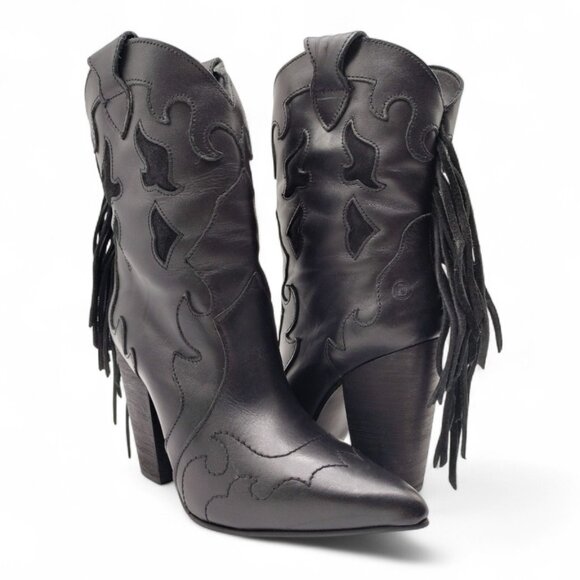 Dingo Women's Size 7 M Black Lady's Night Fringe Leather Western Ankle Booties - Picture 1 of 13